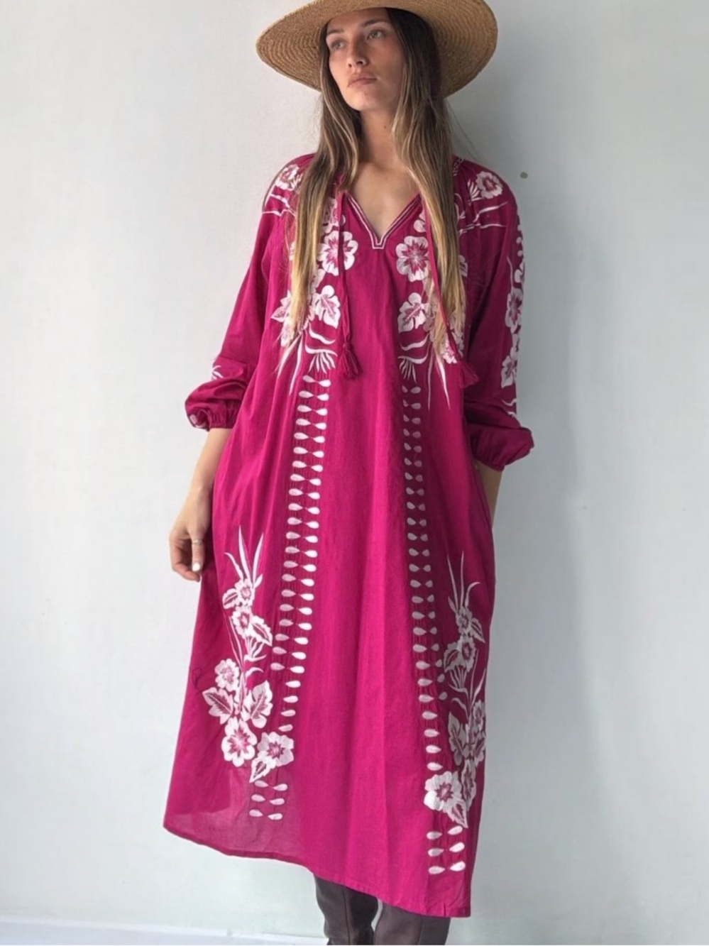 Chico’s Embroidered Raspberry Cotton Kaftan Midi Dress Pockets 6